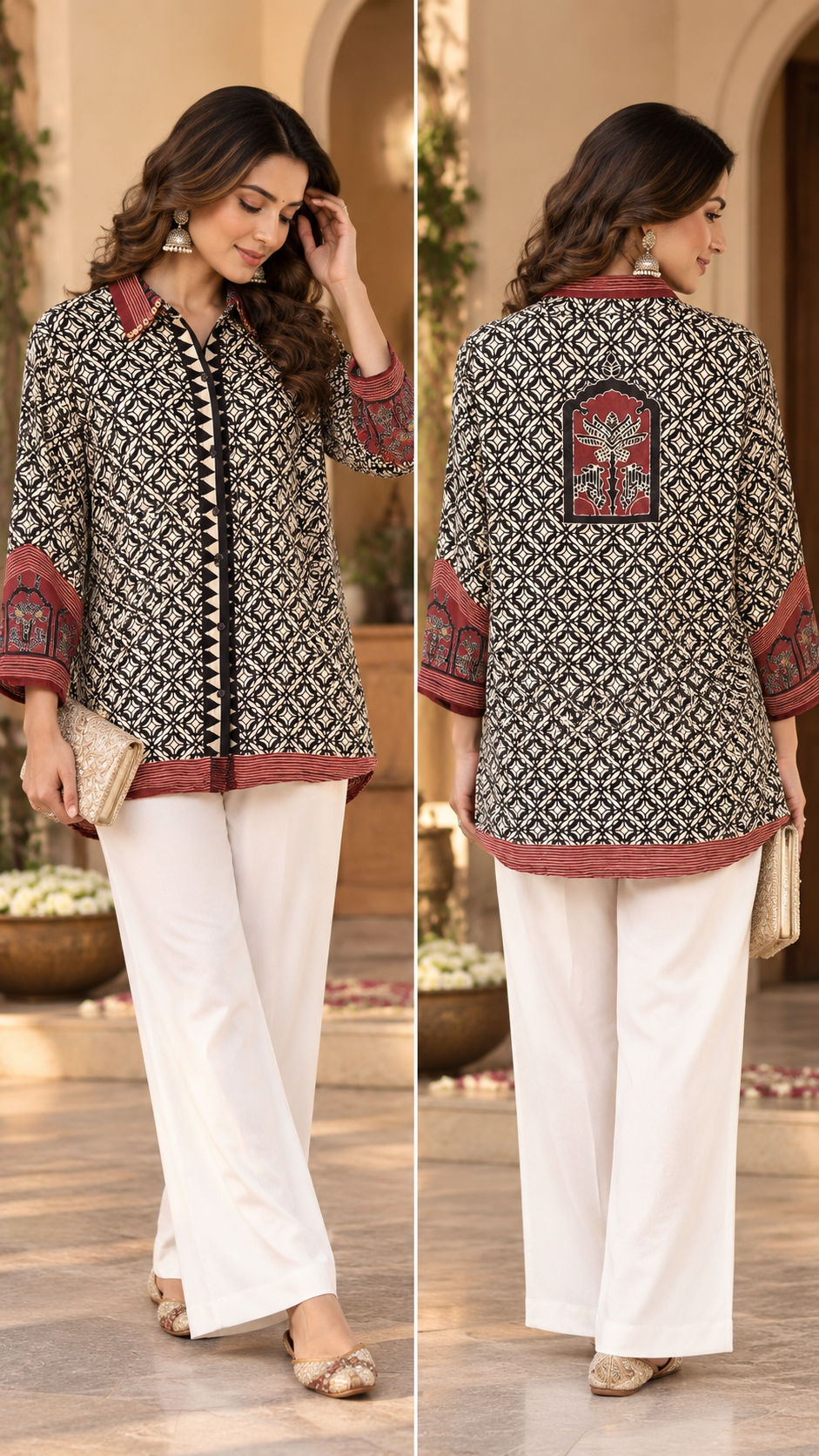 Black & White Printed Shirt Style Tunic with Rust Borders