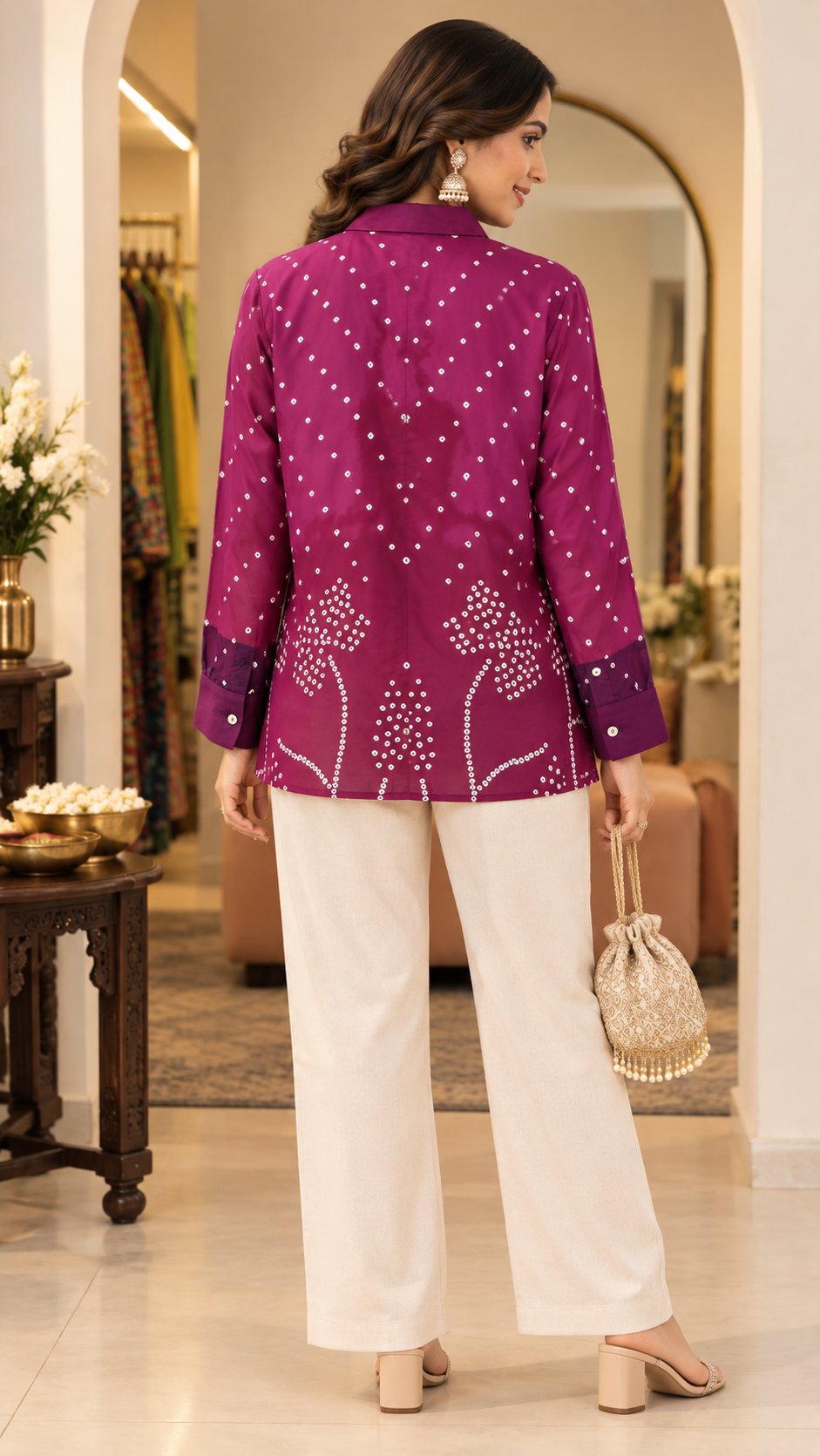 Wine Printed Shirt Style Tunic with Geometric Motifs