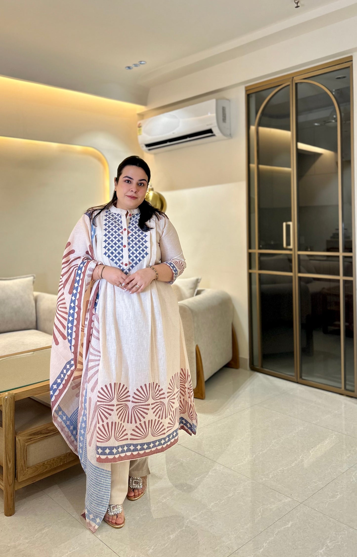 Ivory Blue Handblock Printed Cotton Suit Set