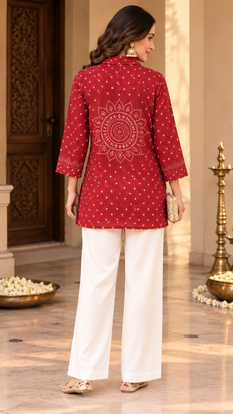 Crimson Printed Shirt Style Tunic with Handcrafted-Inspired Detail