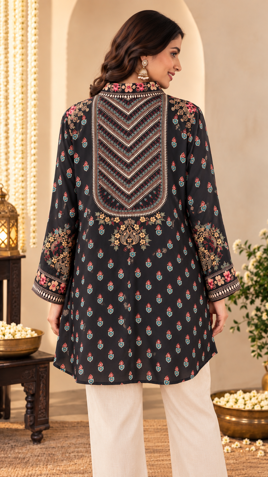 Black Printed Shirt Style Tunic with Statement Front Panel