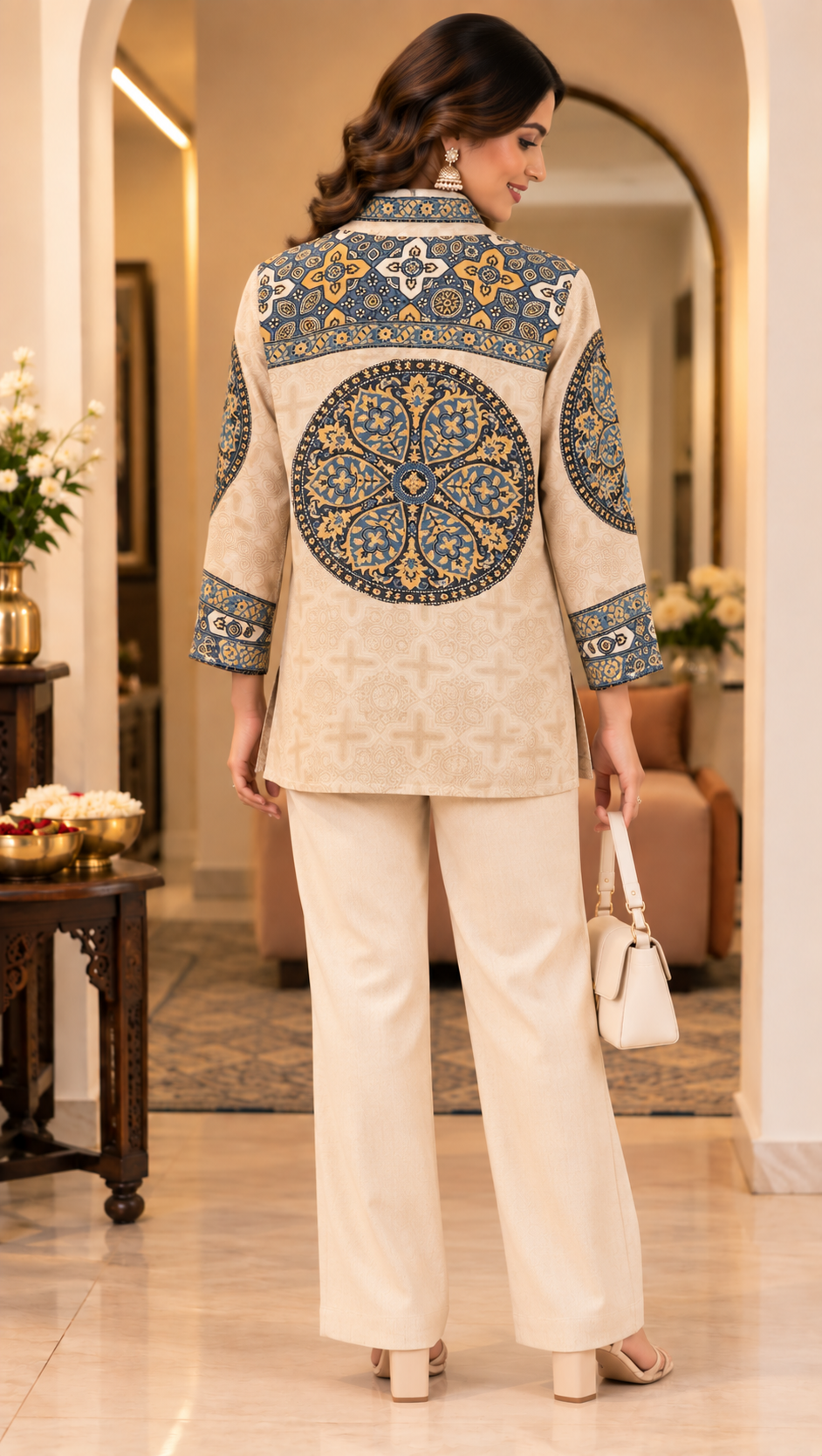 Blue & Beige Printed Shirt Style Tunic