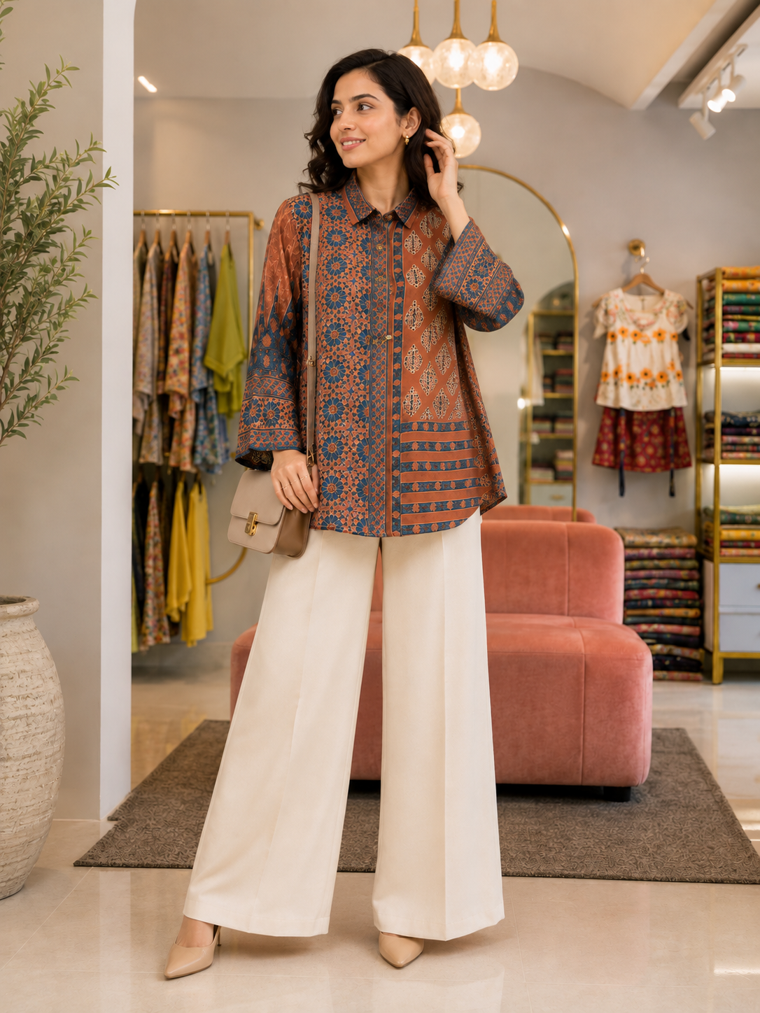 Terracotta Mosaic Satin Shirt ⭐