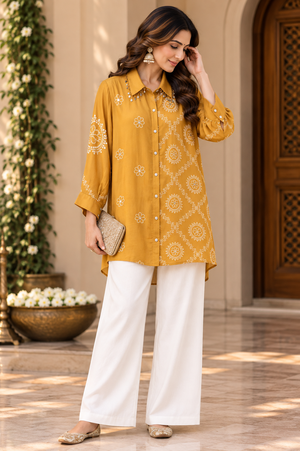 Mustard Yellow Printed Shirt Style Tunic with Floral Motifs