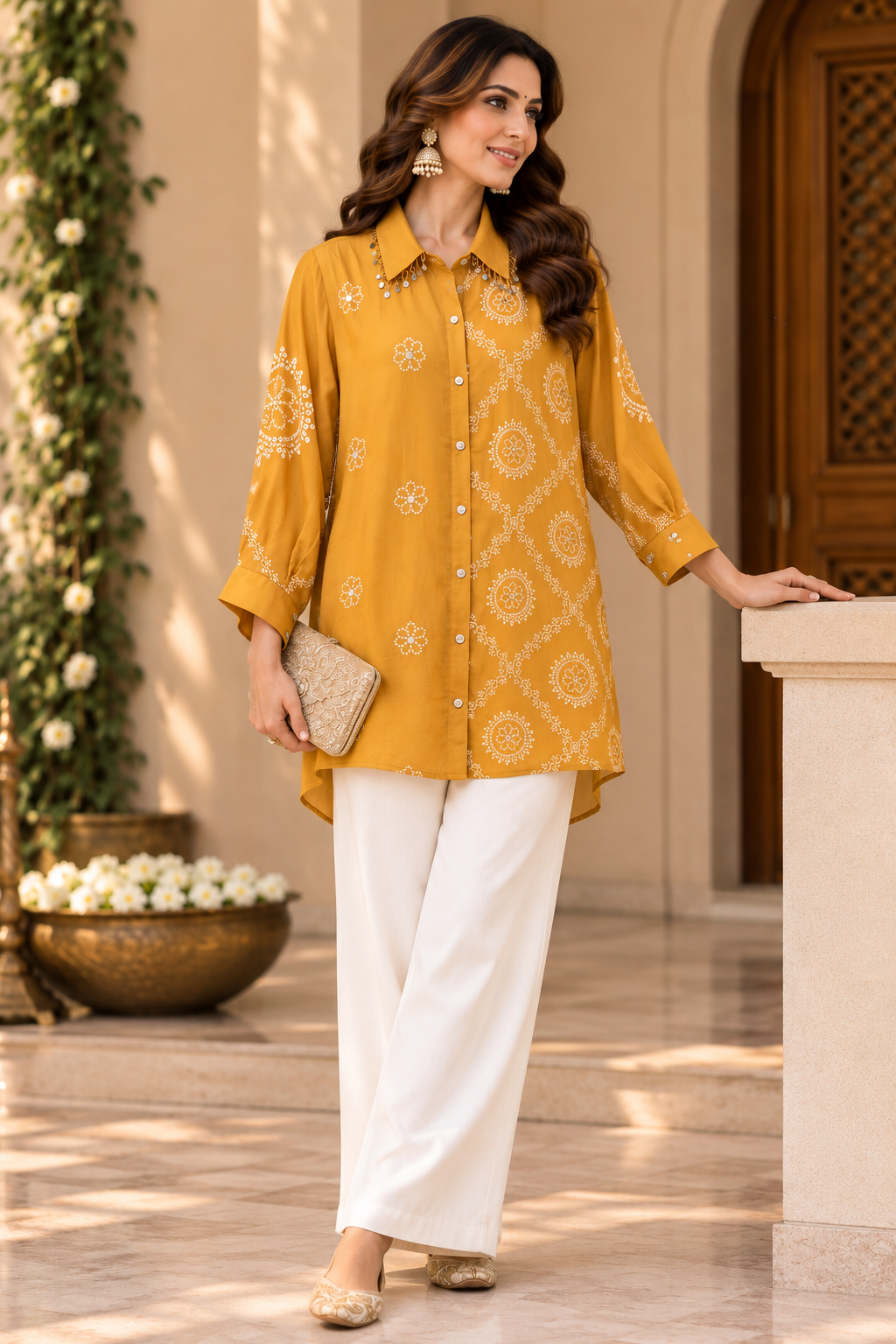 Mustard Yellow Printed Shirt Style Tunic with Floral Motifs