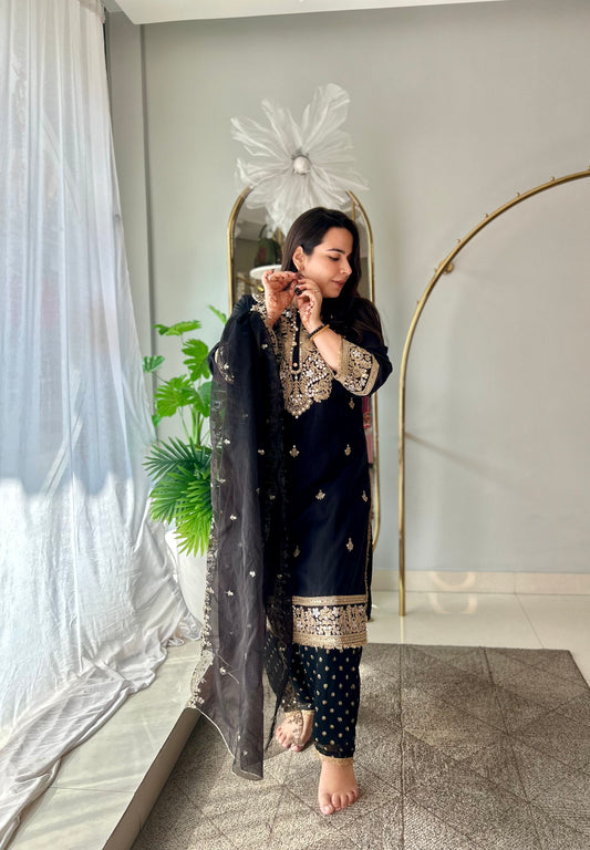 Midnight Elegance Silk Kurta with Banarasi Georgette & Organza Dupatta