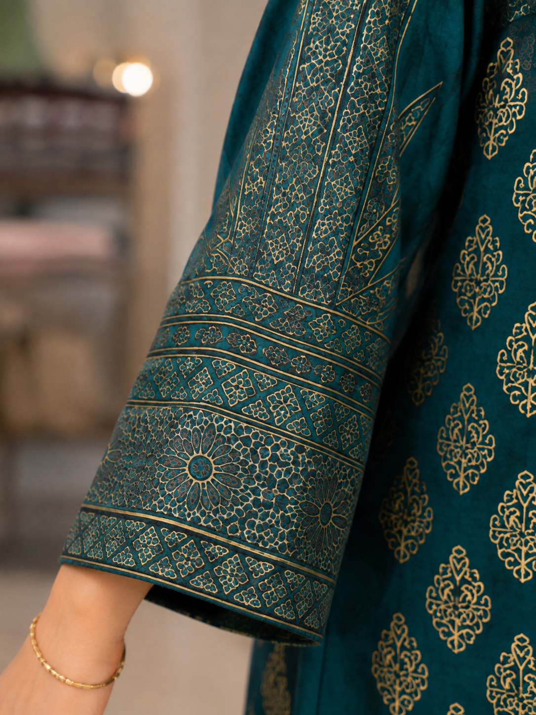 Emerald Blue Heritage Printed Satin Shirt