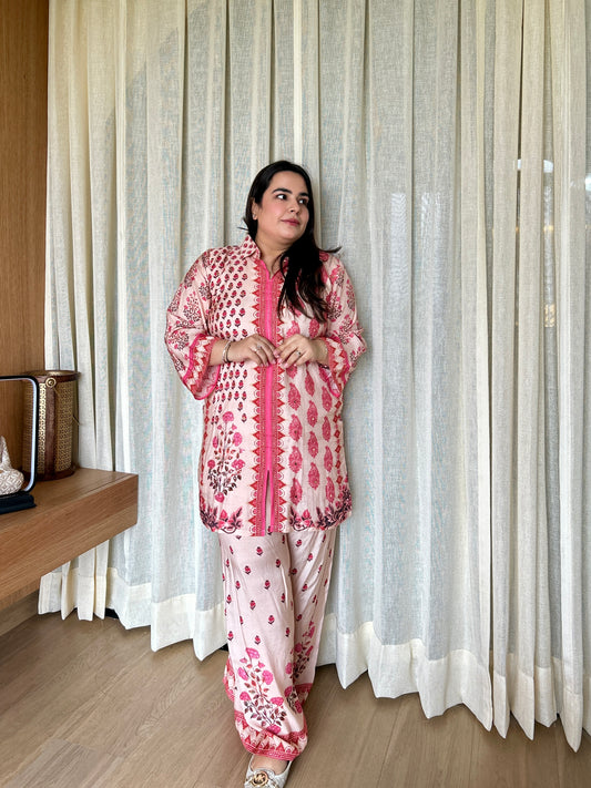 Blush Pink Mughal-Inspired Printed Cotton Co-ord Set