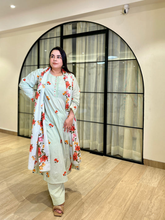 Pastel Green Floral Embroidered Cotton Suit