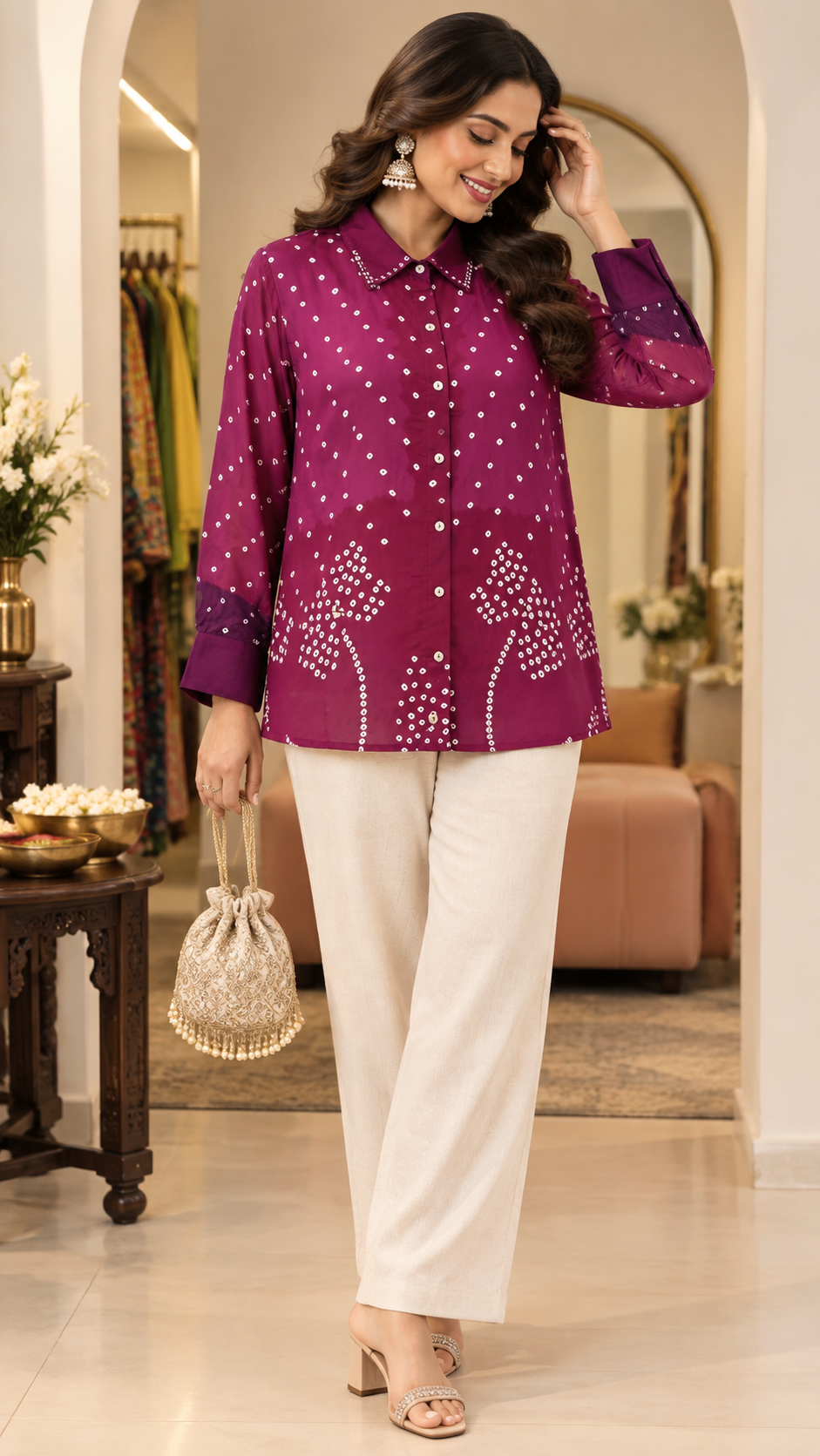 Wine Printed Shirt Style Tunic with Geometric Motifs
