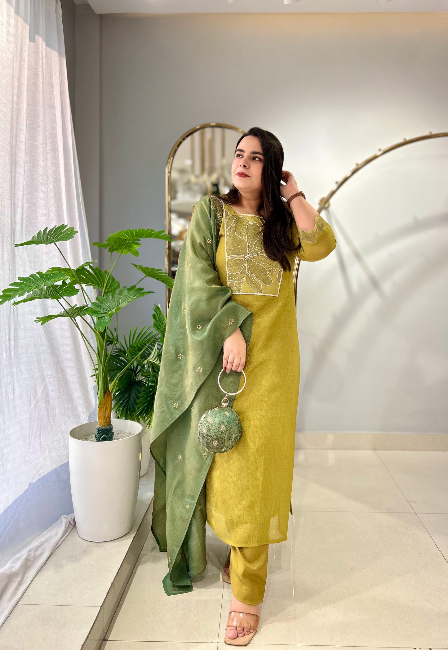 Olive Gold Crushed Tissue Kurta Set