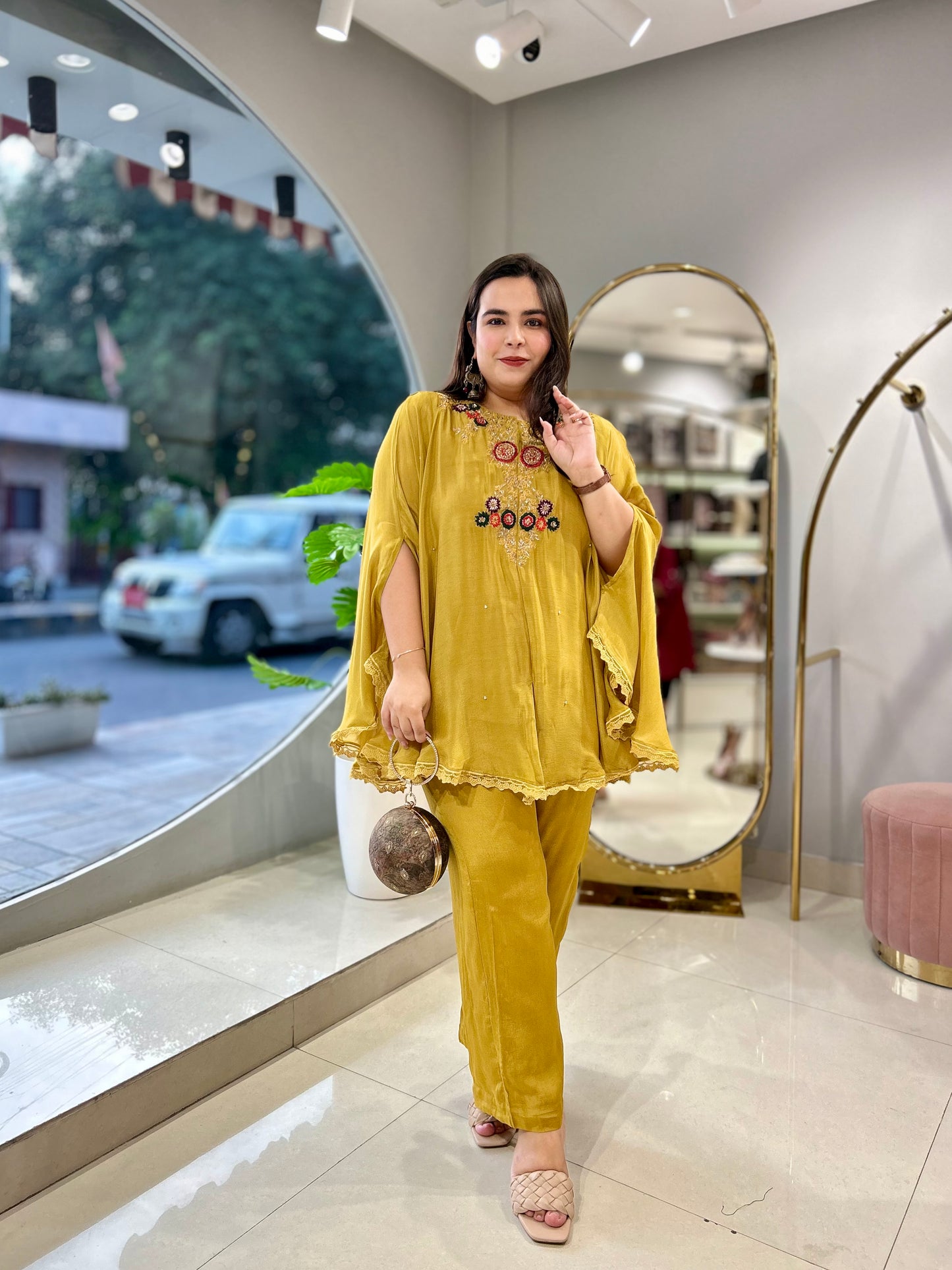 Golden Mustard Embroidered Luxe Cape Set