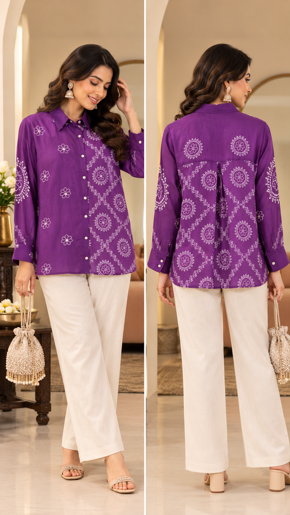 Purple Printed Shirt Style Tunic with Floral Motifs