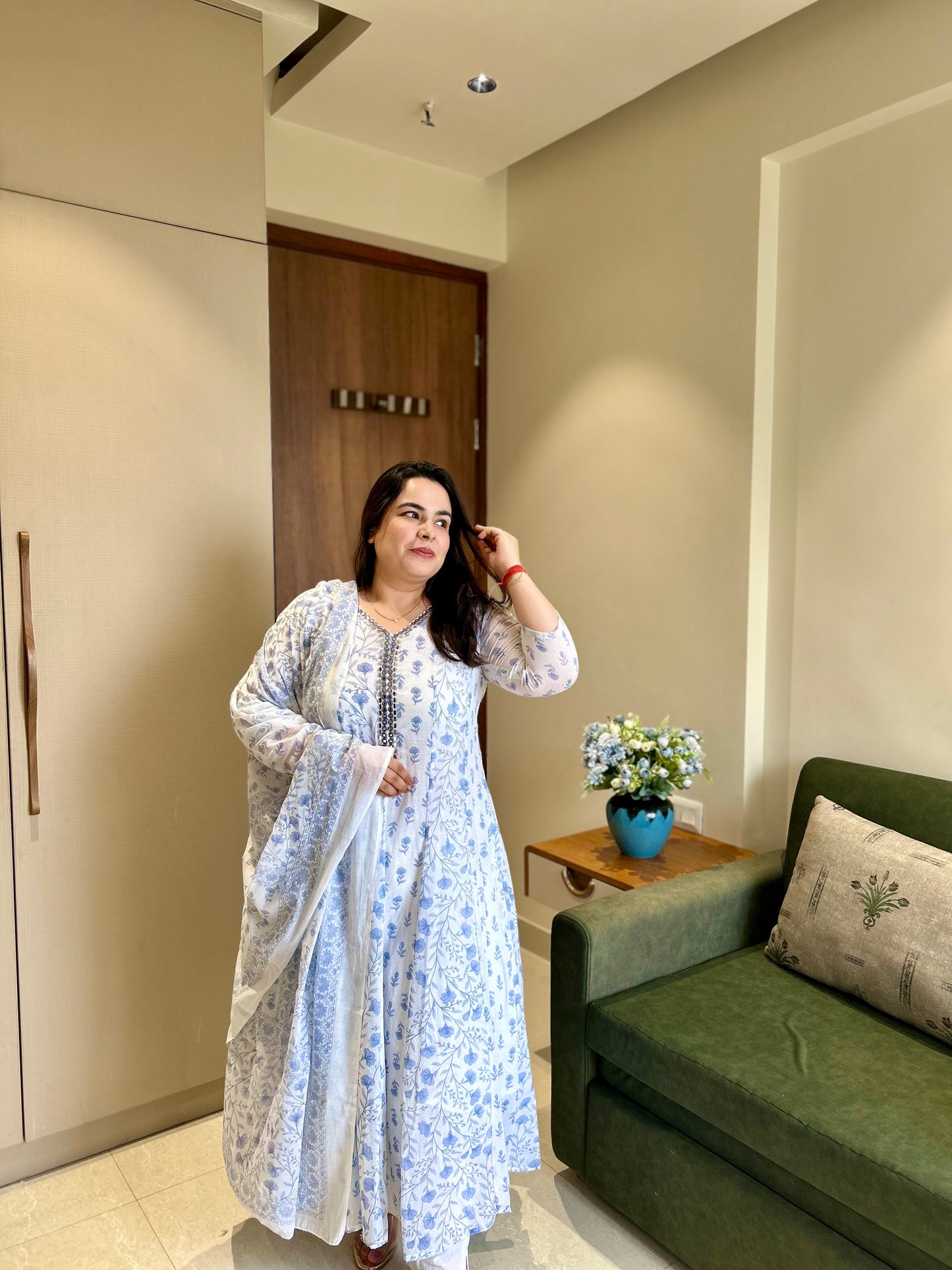 Floral Cotton Anarkali Suit Set with Dupatta for Women