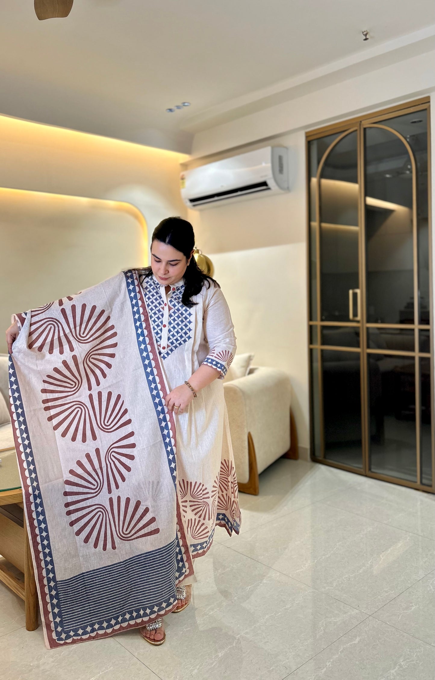 Ivory Blue Handblock Printed Cotton Suit Set