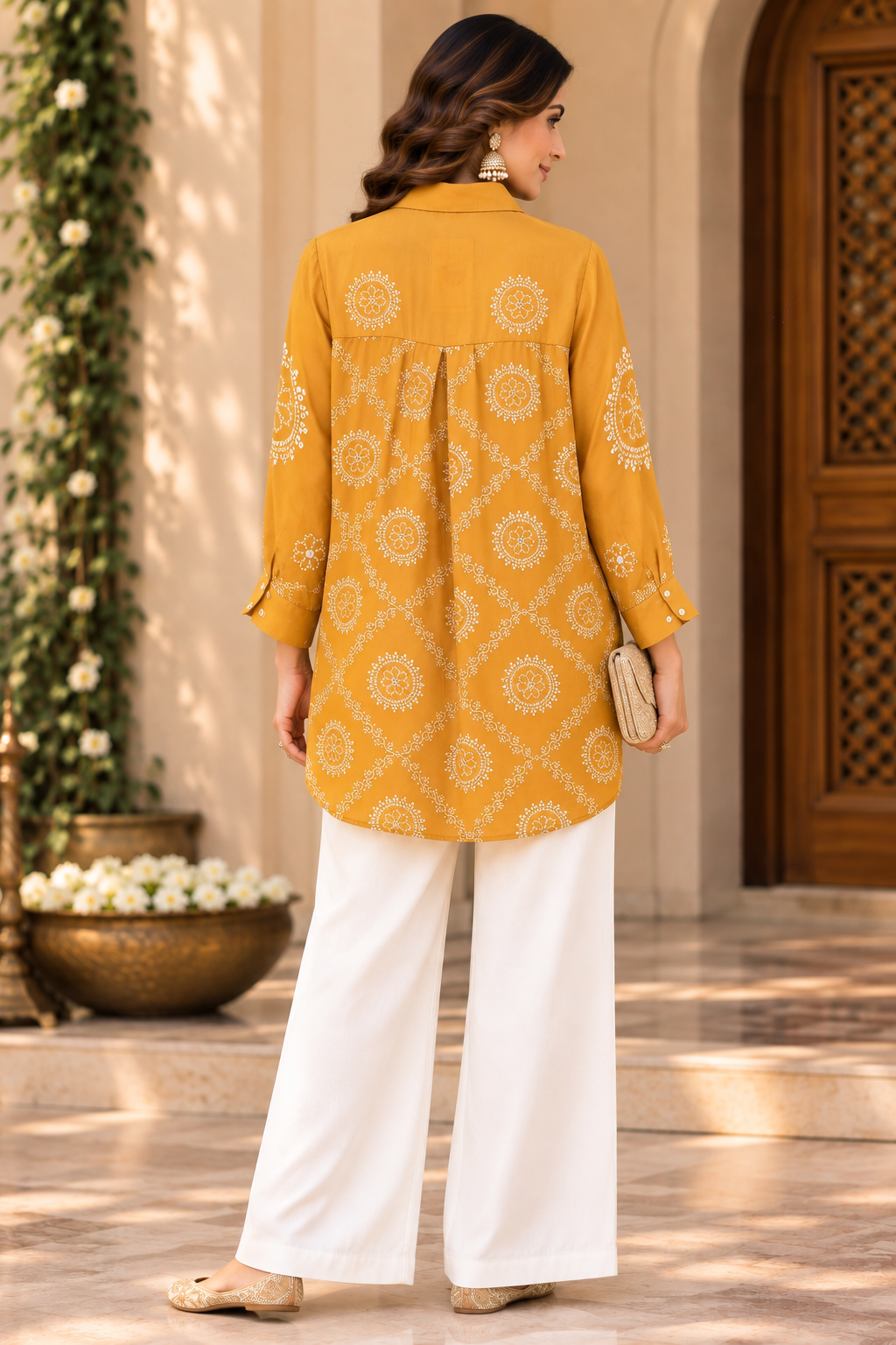 Mustard Yellow Printed Shirt Style Tunic with Floral Motifs