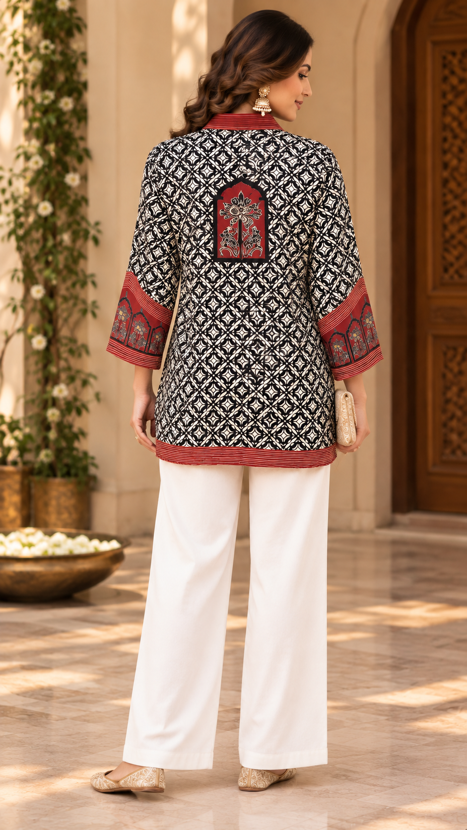 Black & White Printed Shirt Style Tunic with Rust Borders