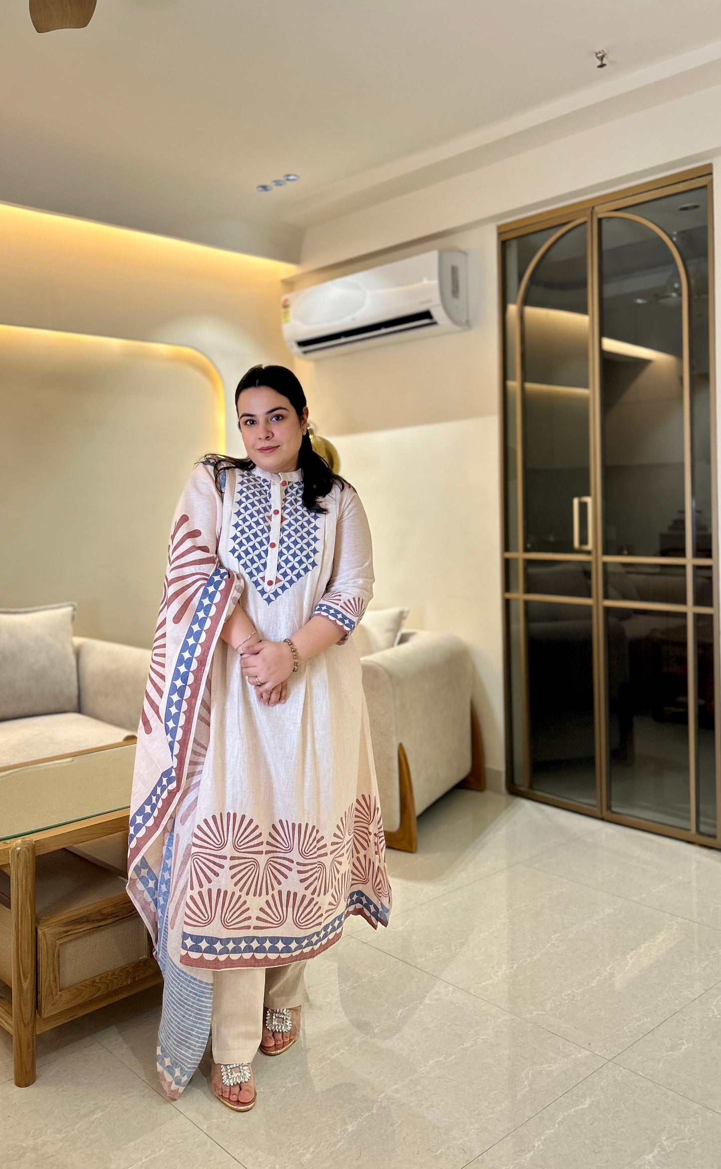 Ivory Blue Handblock Printed Cotton Suit Set
