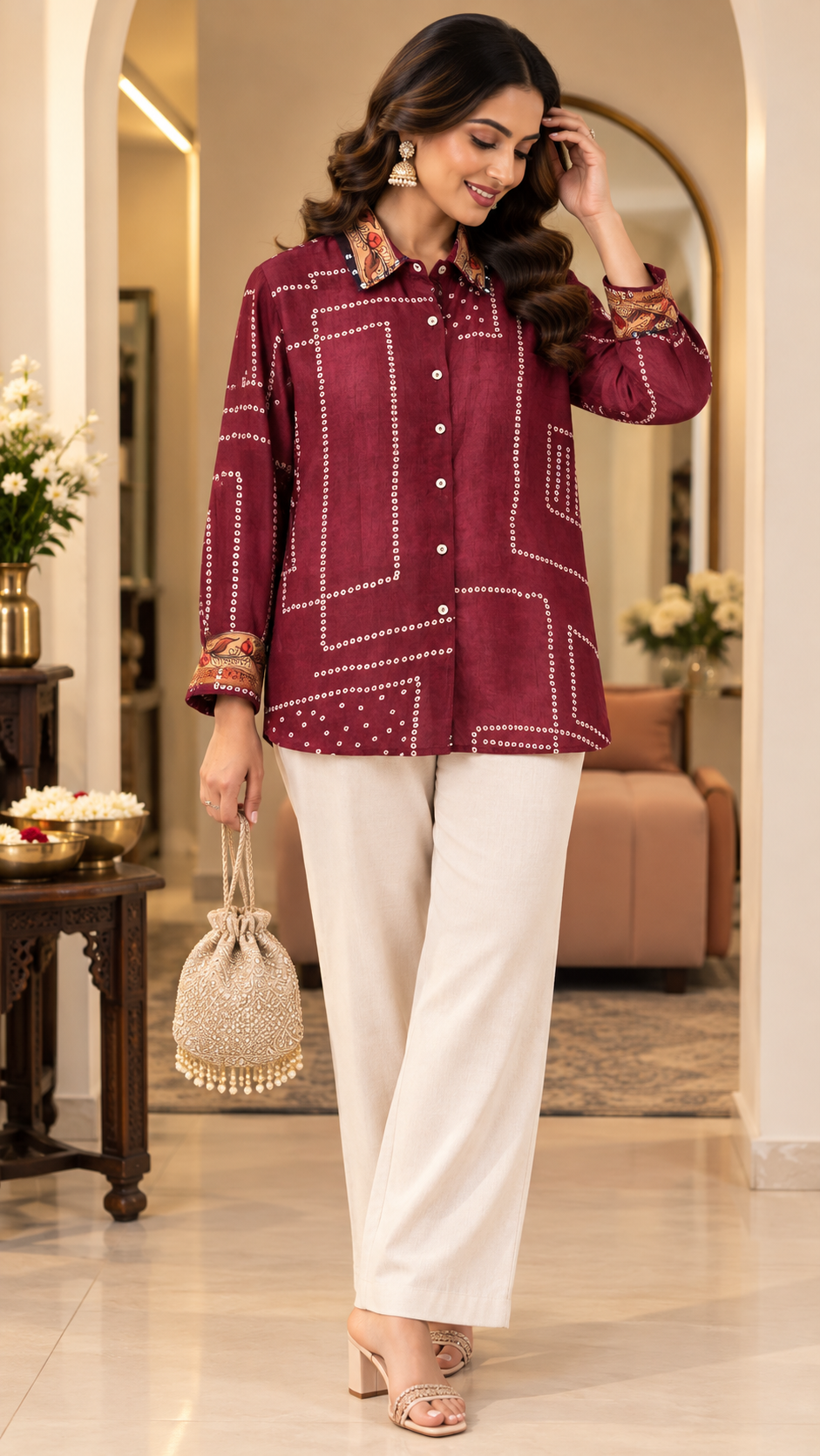 Maroon Printed Shirt Style Tunic with Kalamkari-Inspired Back Panel