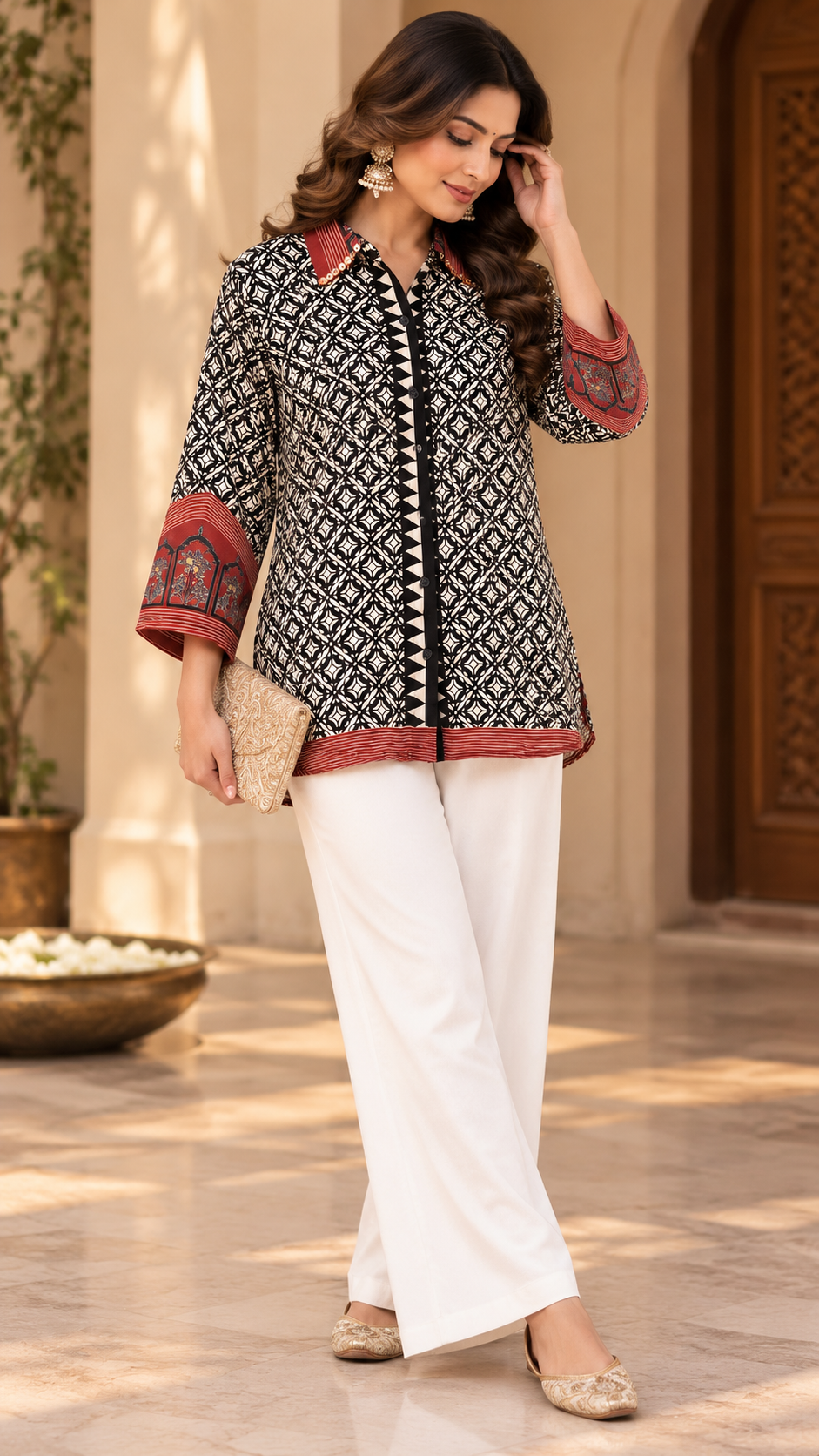 Black & White Printed Shirt Style Tunic with Rust Borders