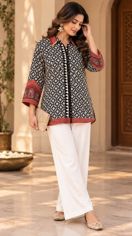 Black & White Printed Shirt Style Tunic with Rust Borders