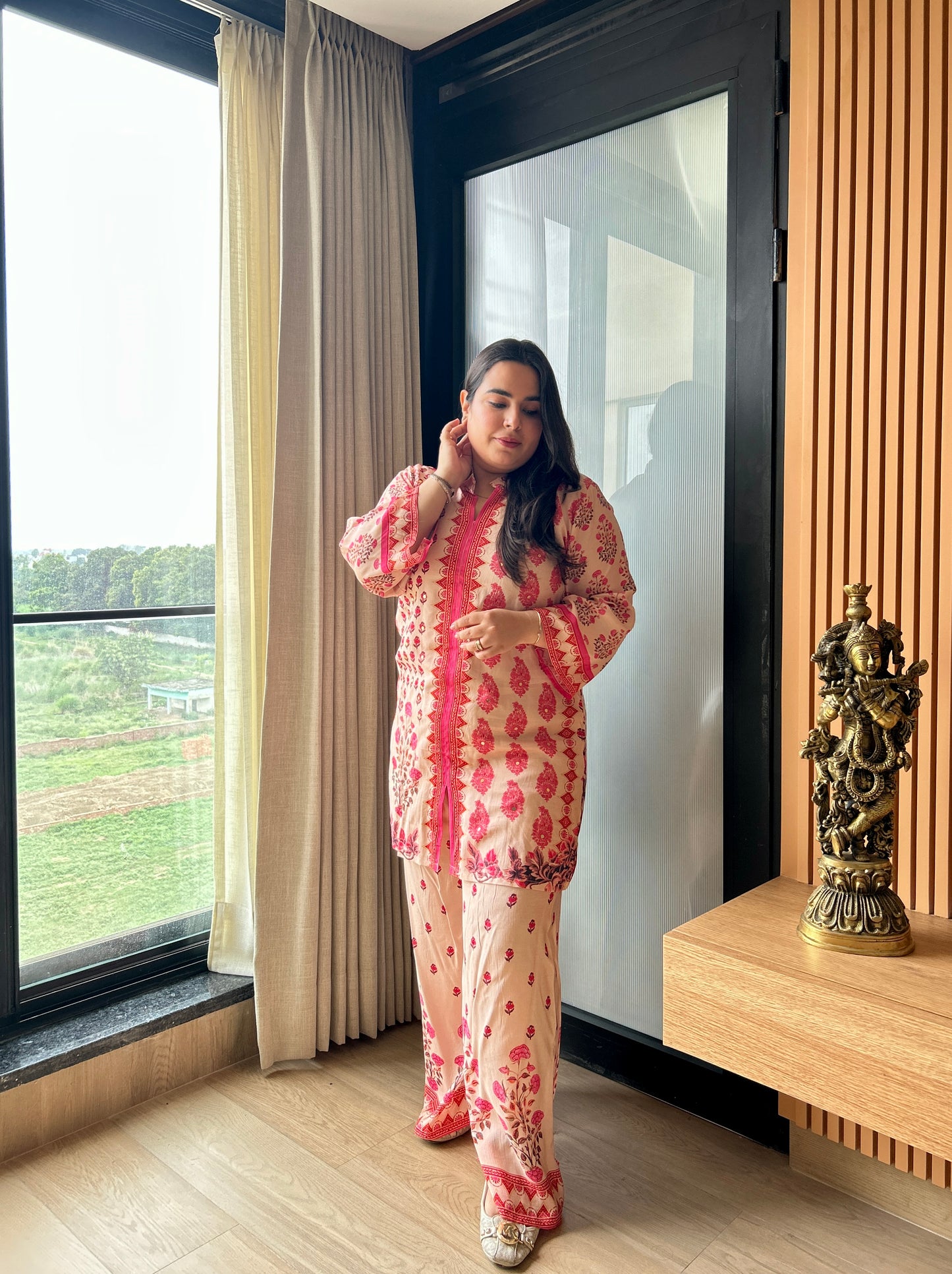 Blush Pink Mughal-Inspired Printed Cotton Co-ord Set