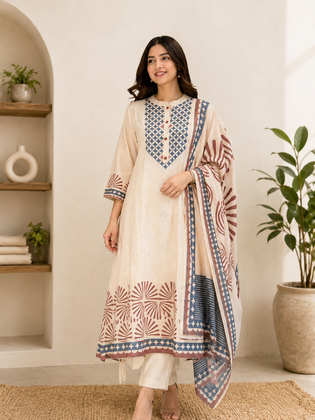 Ivory Blue Handblock Printed Cotton Suit Set
