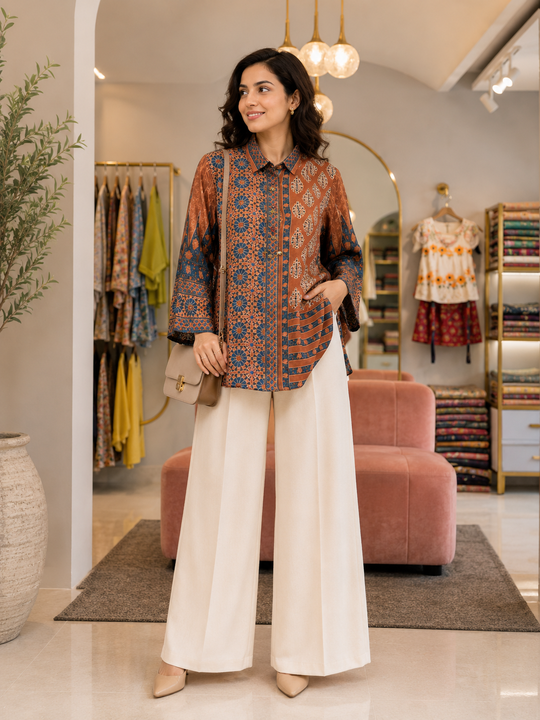 Terracotta Mosaic Satin Shirt ⭐