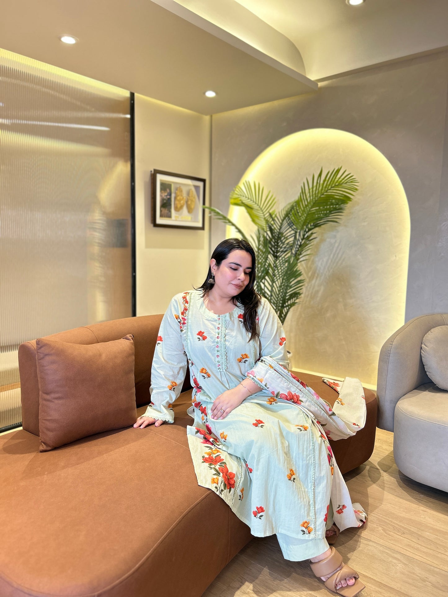 Pastel Green Floral Embroidered Cotton Suit