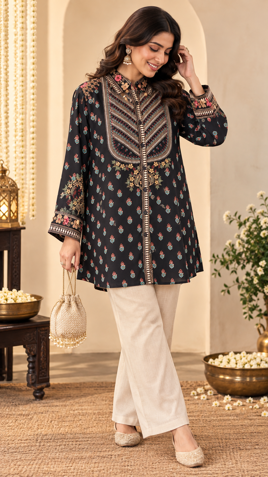 Black Printed Shirt Style Tunic with Statement Front Panel