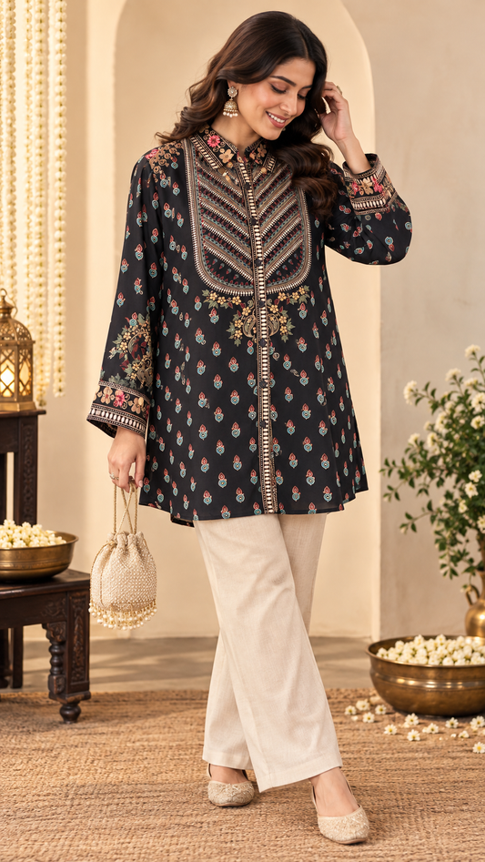 Black Printed Shirt Style Tunic with Statement Front Panel