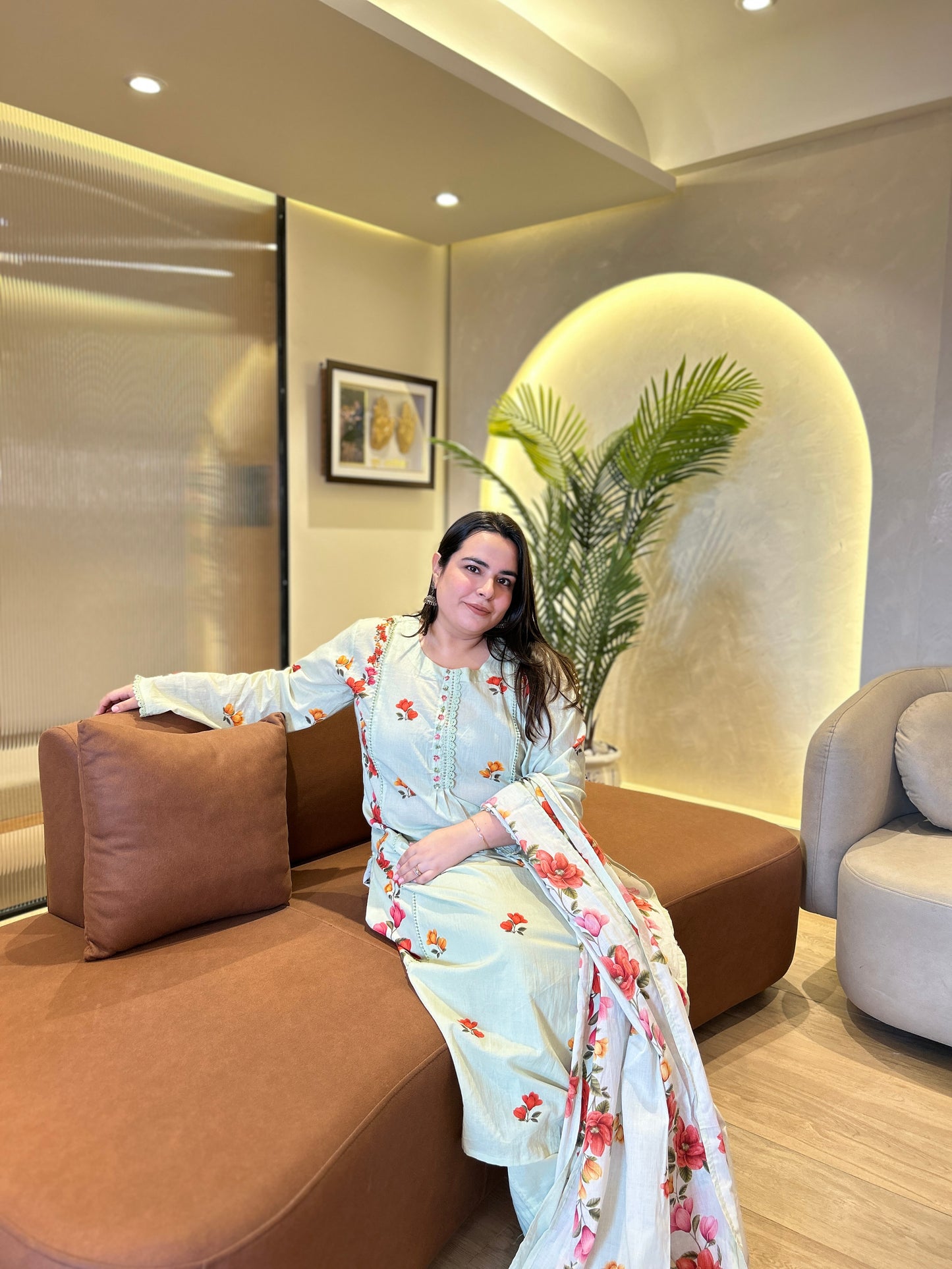 Pastel Green Floral Embroidered Cotton Suit