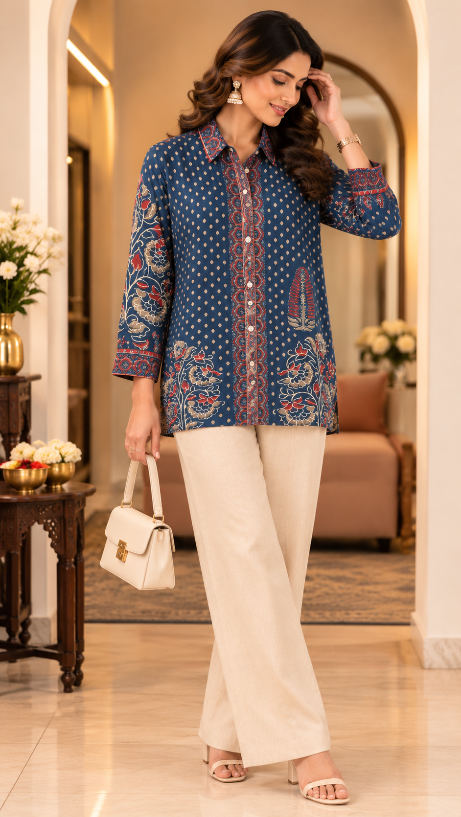 Indigo Floral Printed Shirt Style Tunic