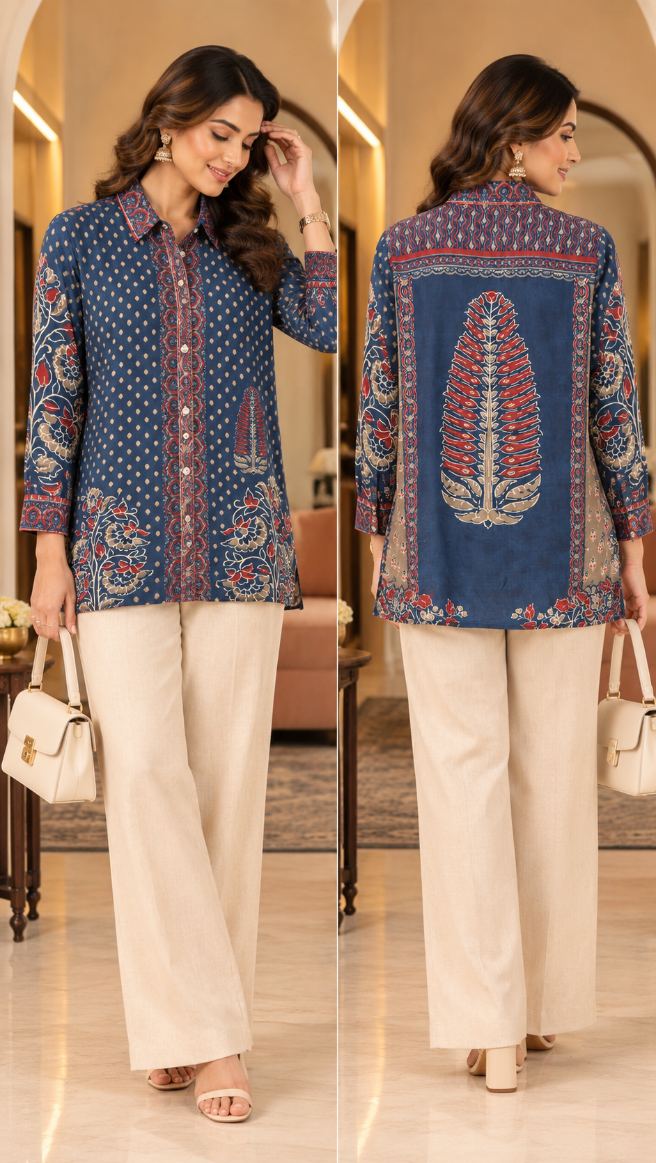 Indigo Floral Printed Shirt Style Tunic