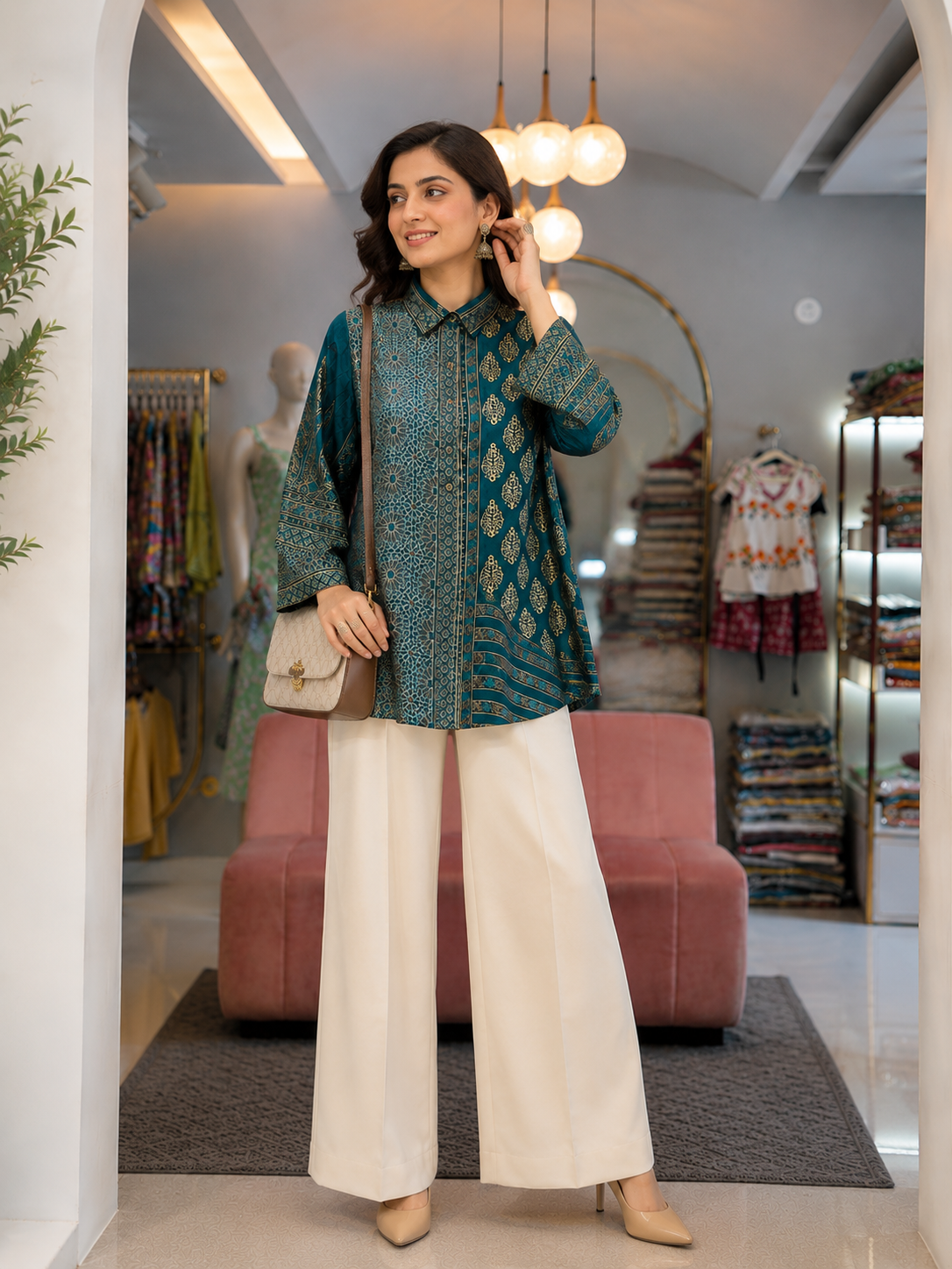 Emerald Blue Heritage Printed Satin Shirt