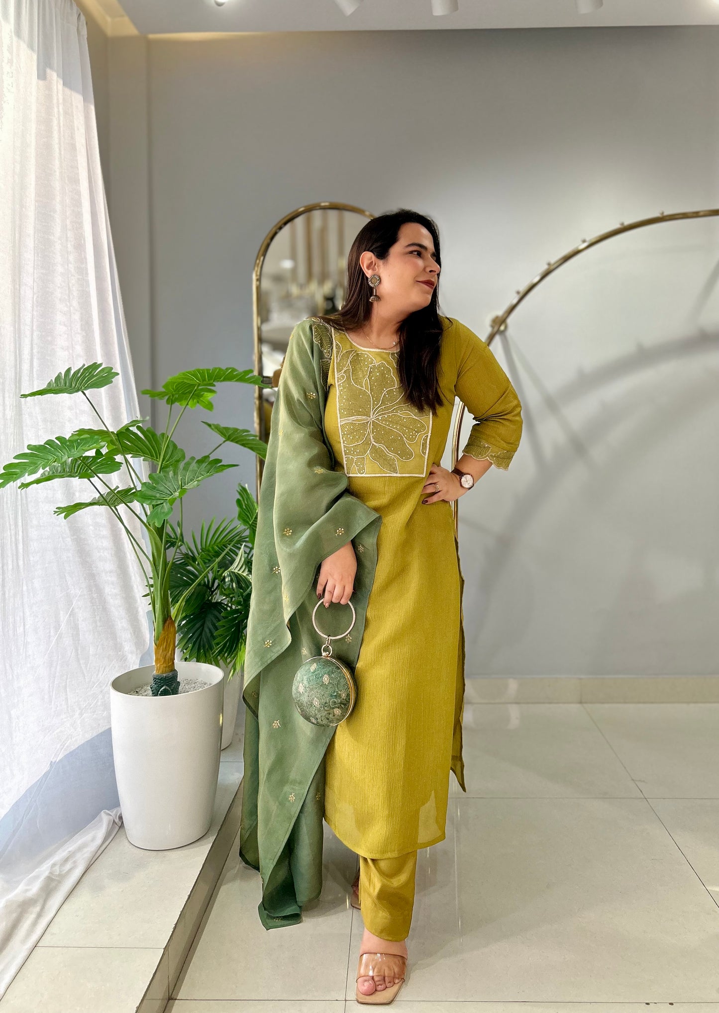 Olive Gold Crushed Tissue Kurta Set