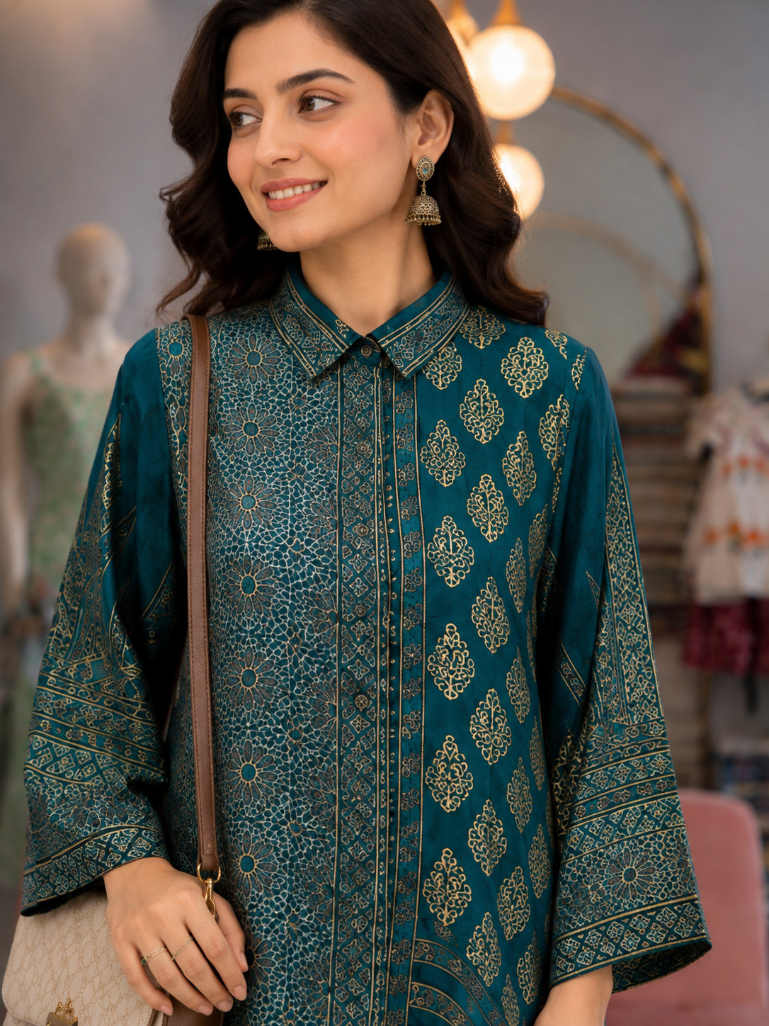 Emerald Blue Heritage Printed Satin Shirt