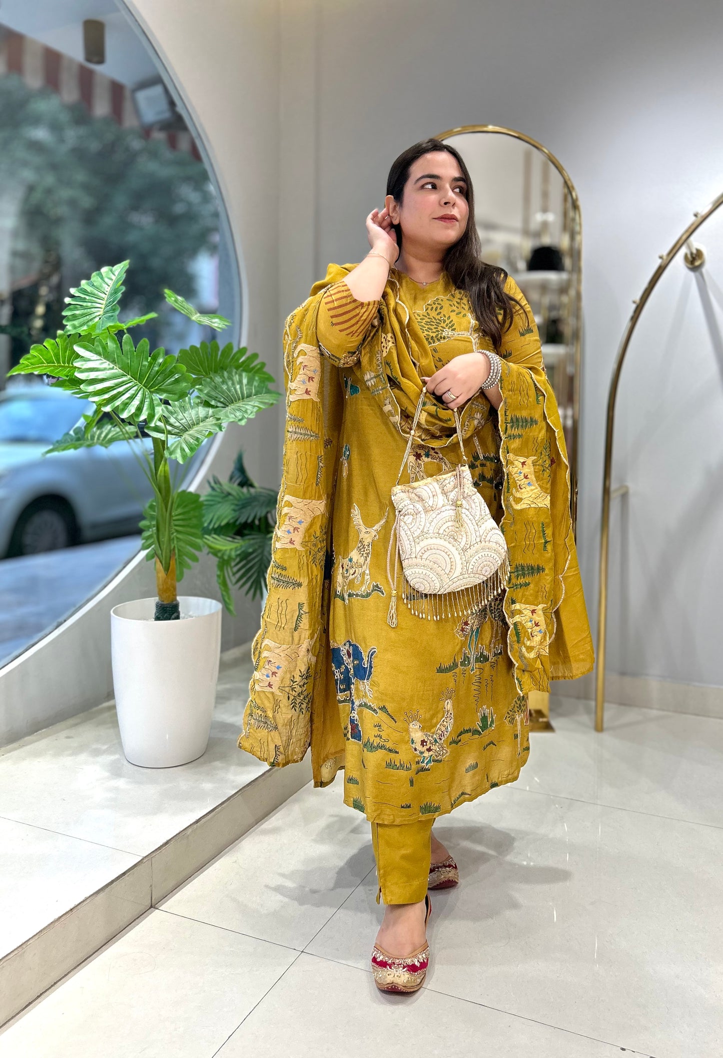 Savanna Serenity: Yellow Giraffe & Elephant Silk Ensemble