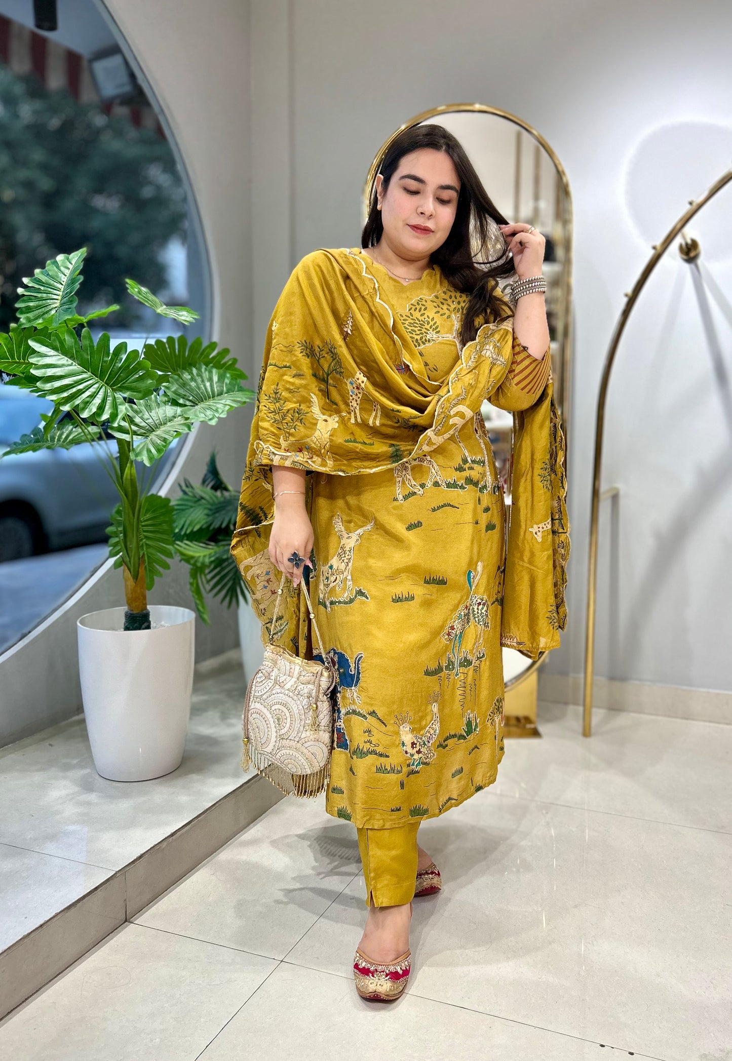 Savanna Serenity: Yellow Giraffe & Elephant Silk Ensemble