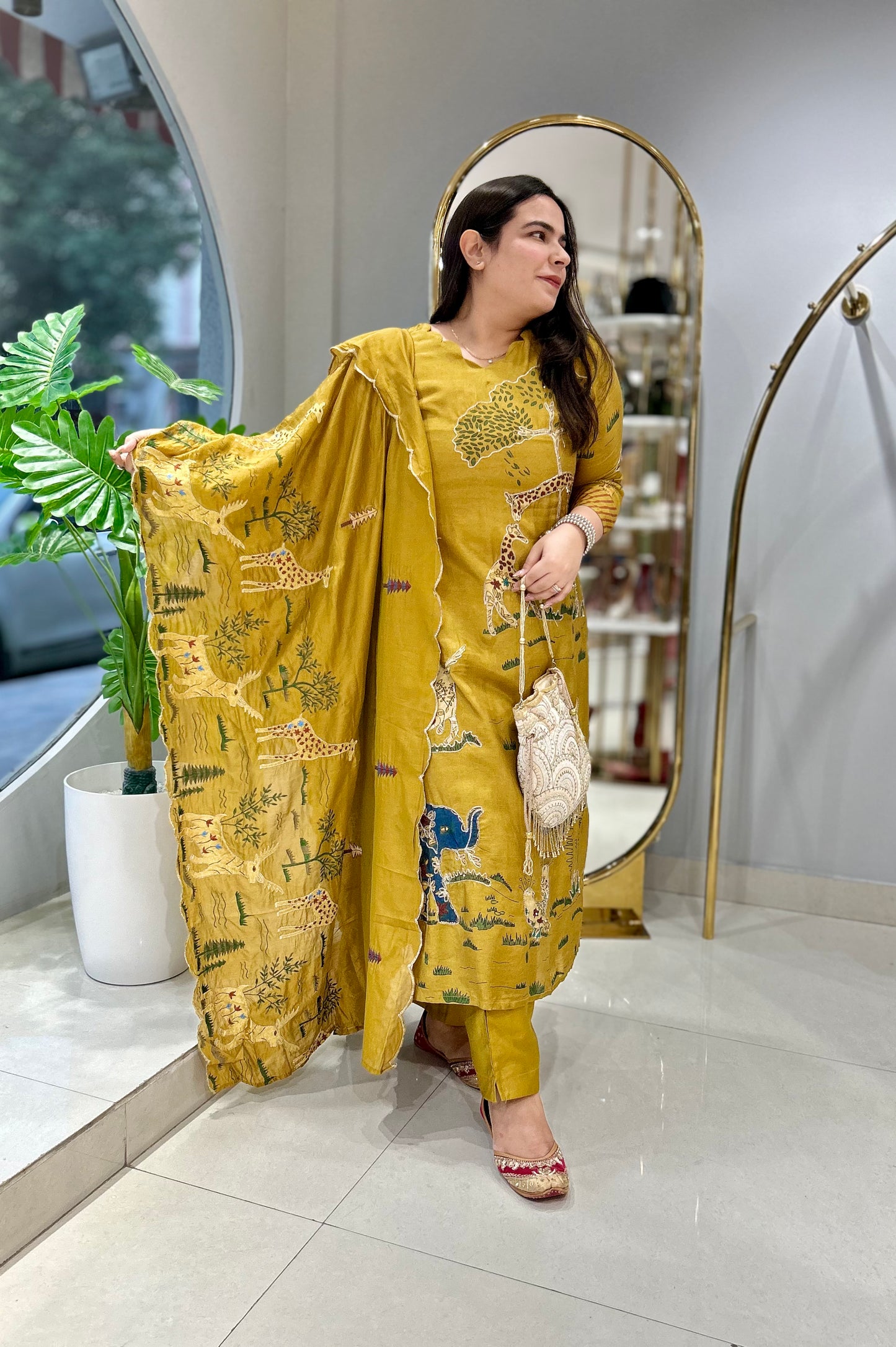 Savanna Serenity: Yellow Giraffe & Elephant Silk Ensemble