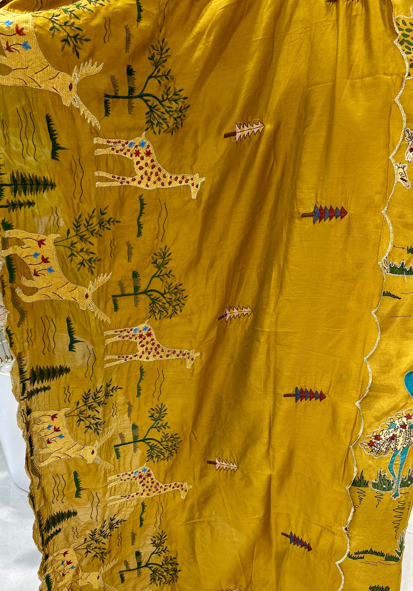 Savanna Serenity: Yellow Giraffe & Elephant Silk Ensemble