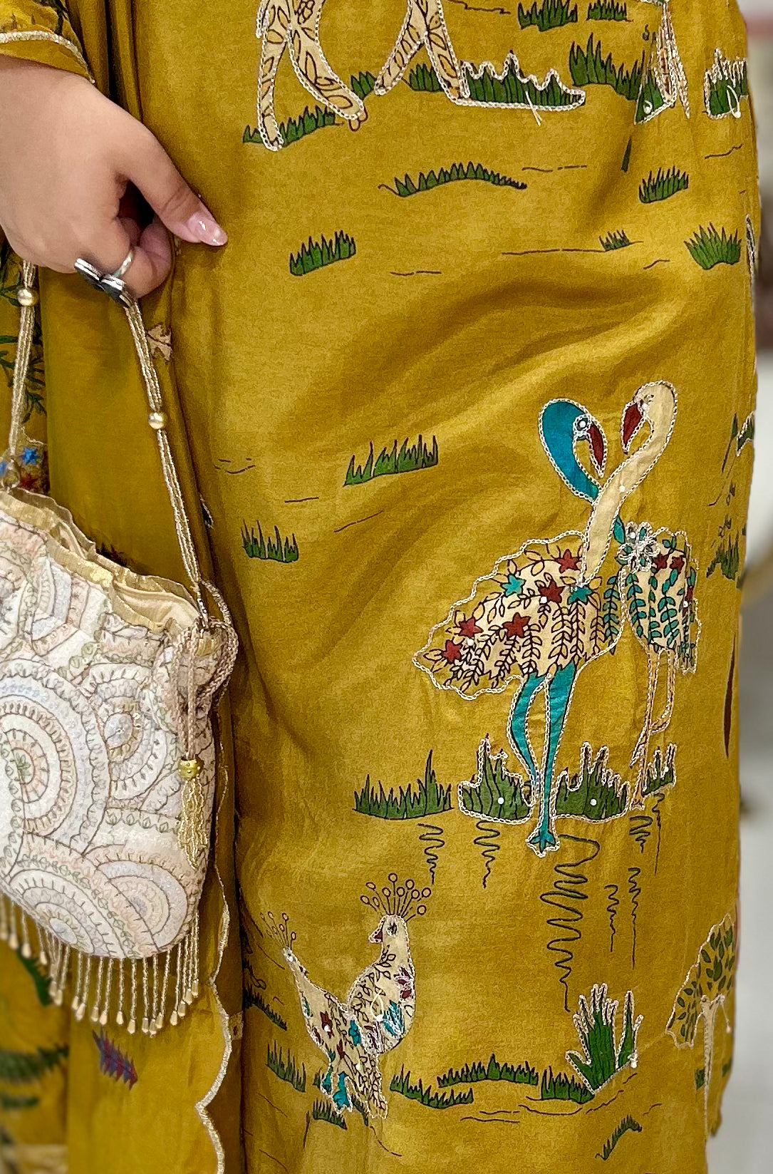 Savanna Serenity: Yellow Giraffe & Elephant Silk Ensemble